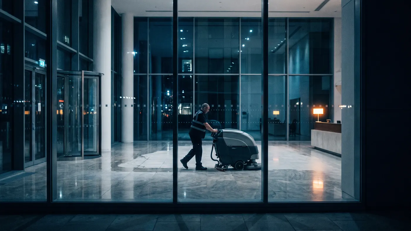 Commercial cleaning a UK office lobby at night