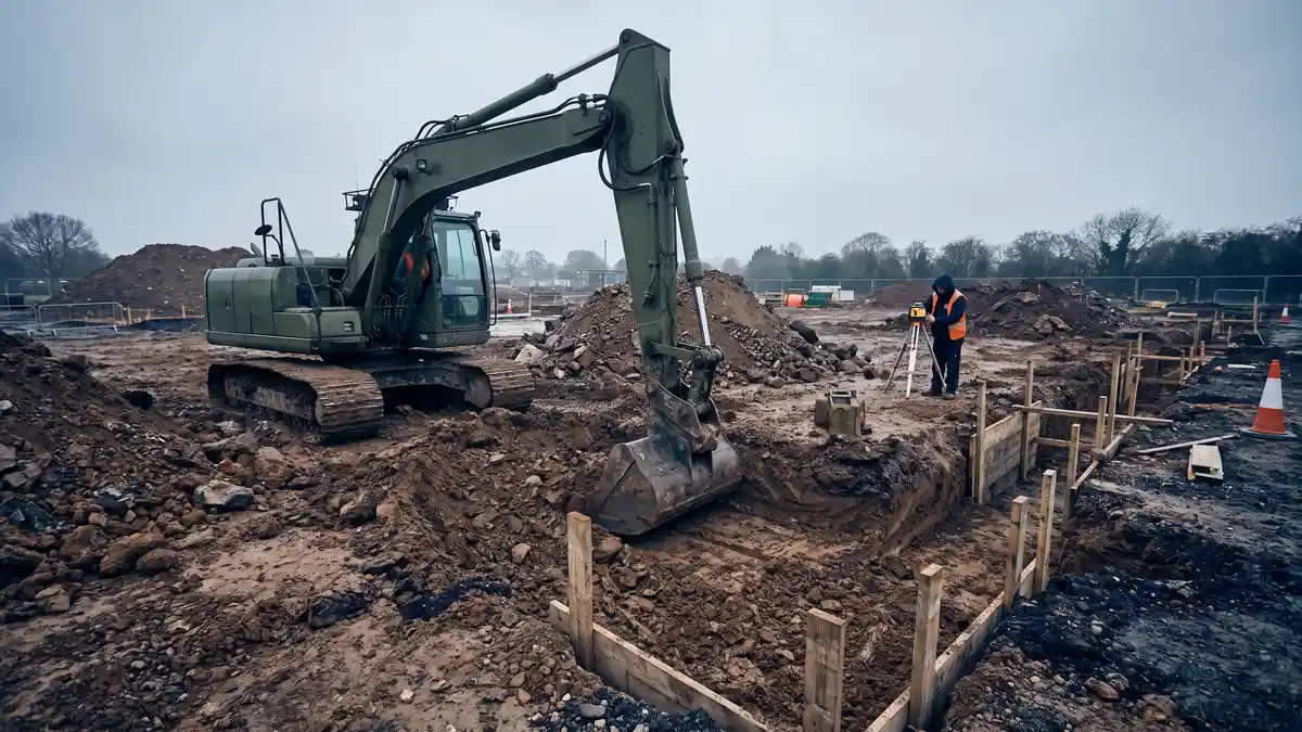 Excavator digging foundation trenches on a UK groundworks site