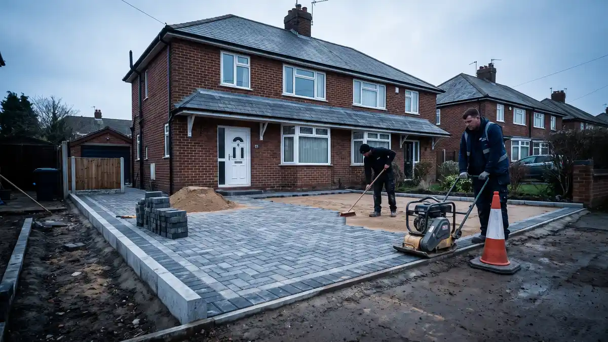 Block paved driveway being laid at a UK house