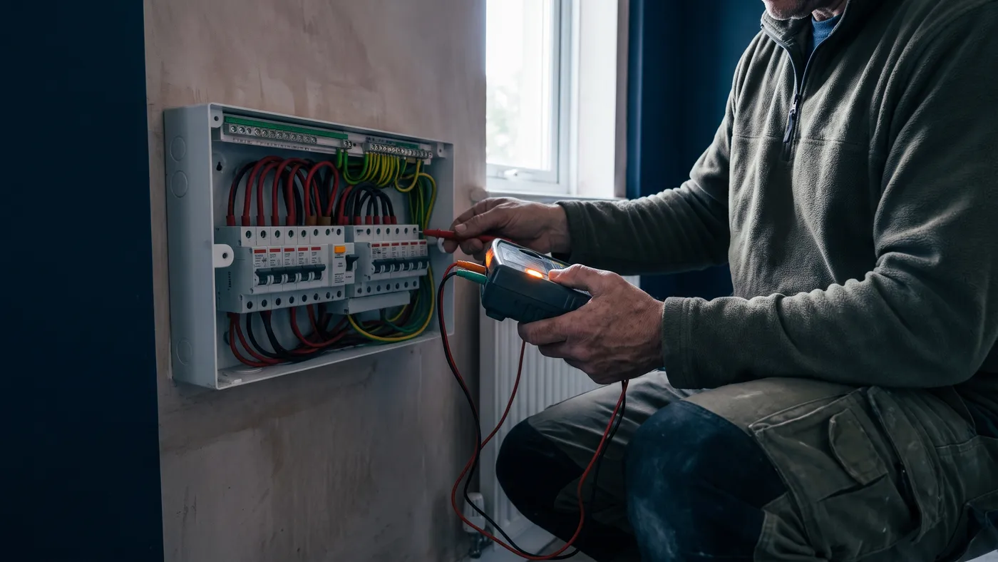 Electrician testing a domestic consumer unit in the UK