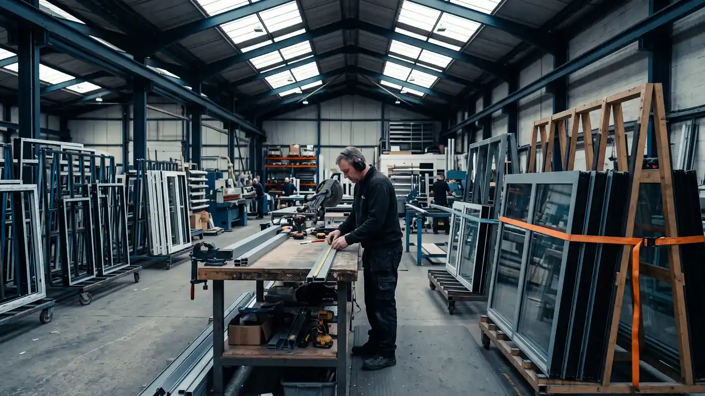 Aluminium window frames in a UK glazing fabrication workshop