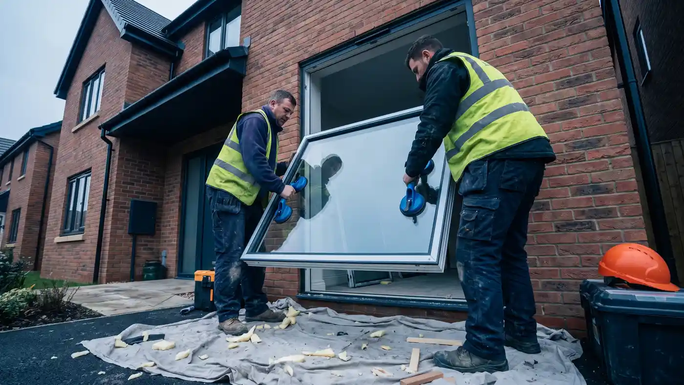 Window fitters installing a double glazed unit at a UK home