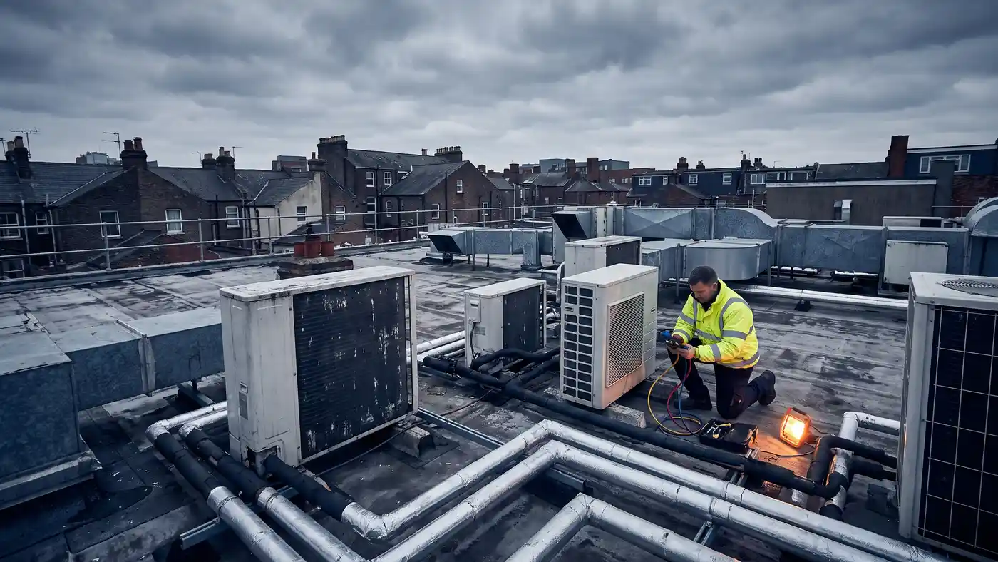 Commercial air conditioning units on a UK rooftop