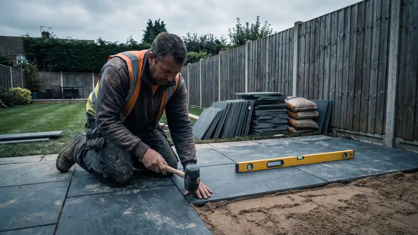 Landscaper laying a porcelain patio in a UK back garden