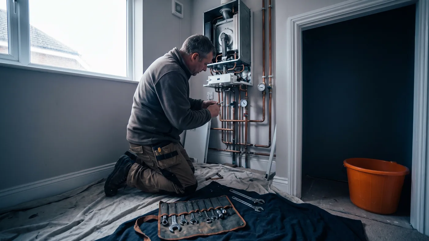Heating engineer working on a combi boiler in a UK home