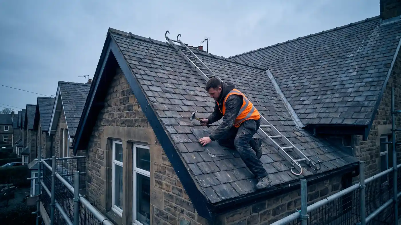 Roofer fitting slates on a pitched roof in the UK