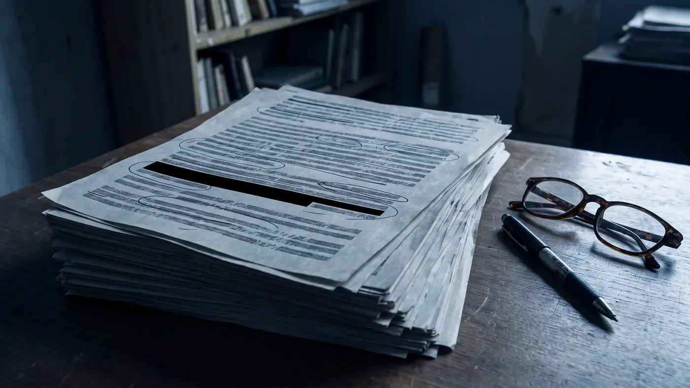 Printed research marked up by hand, one line redacted