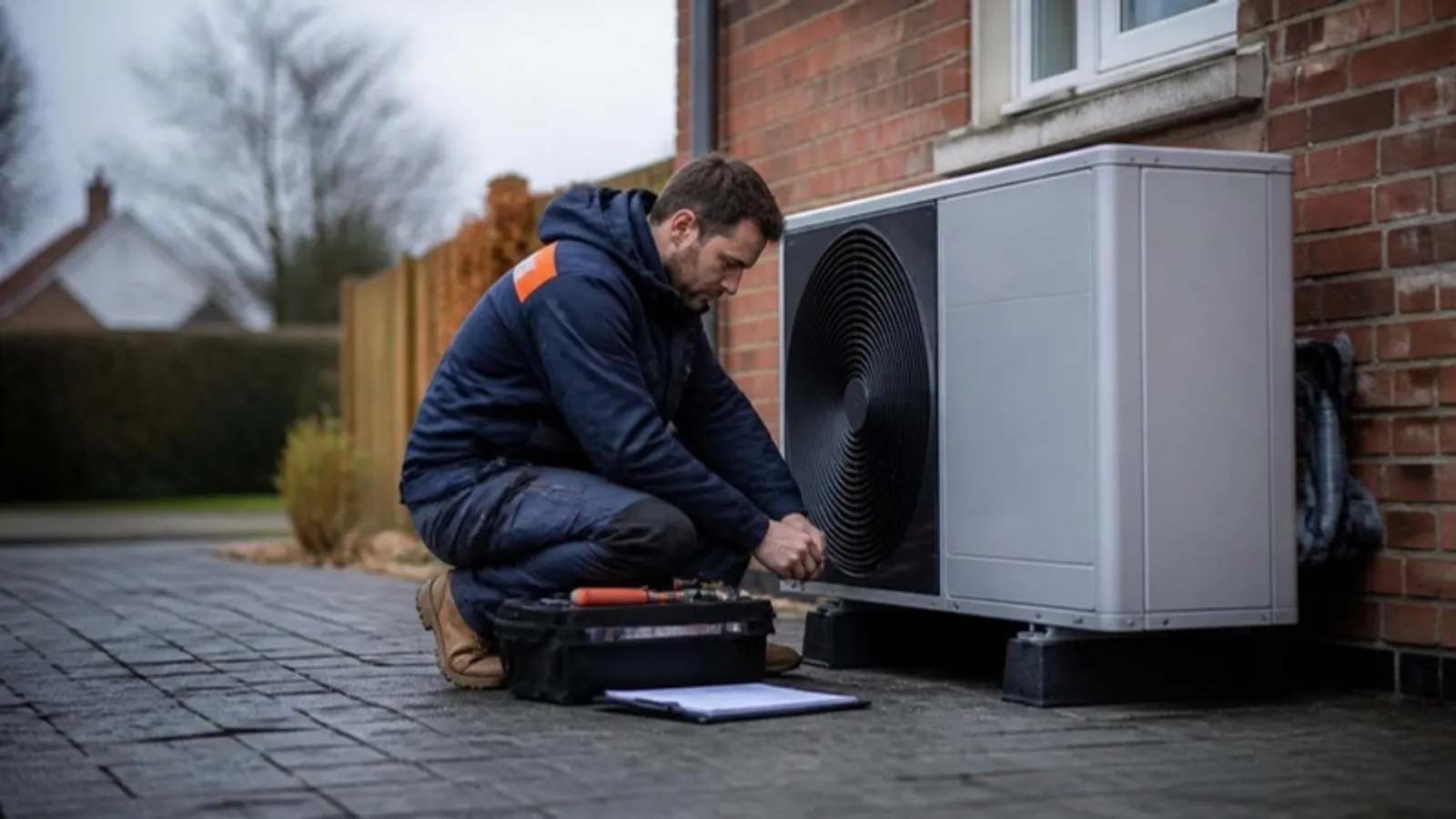 Heating engineer installing an air source heat pump