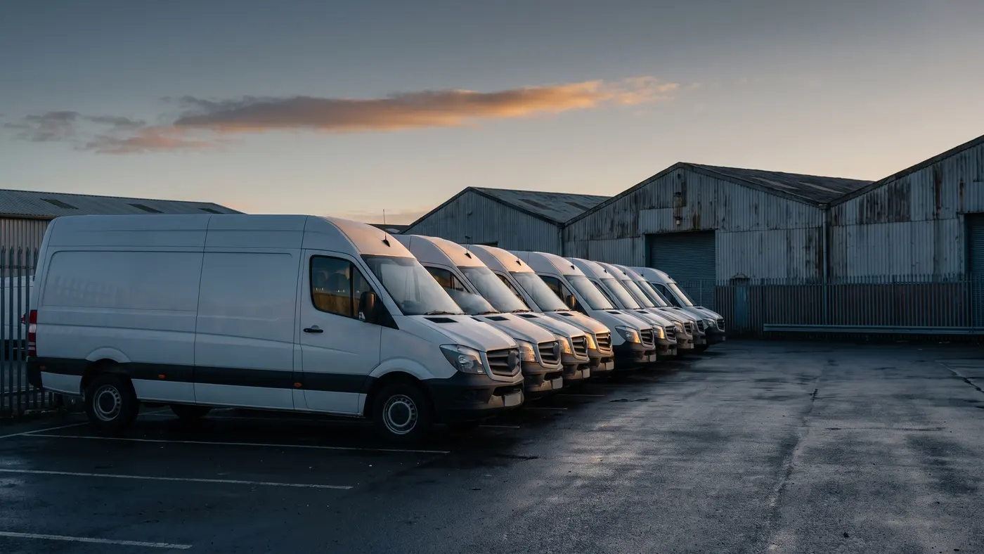 Commercial vans parked at a UK business park at first light