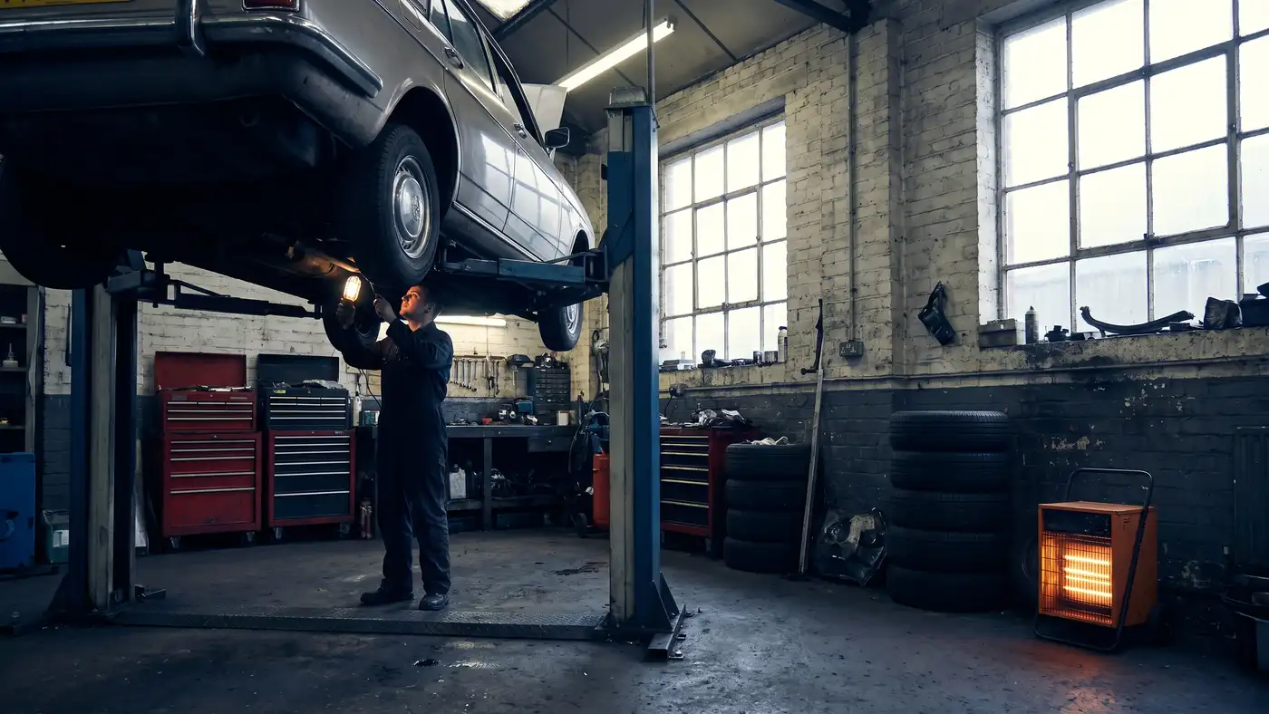 Car raised on a two-post lift in an independent UK garage