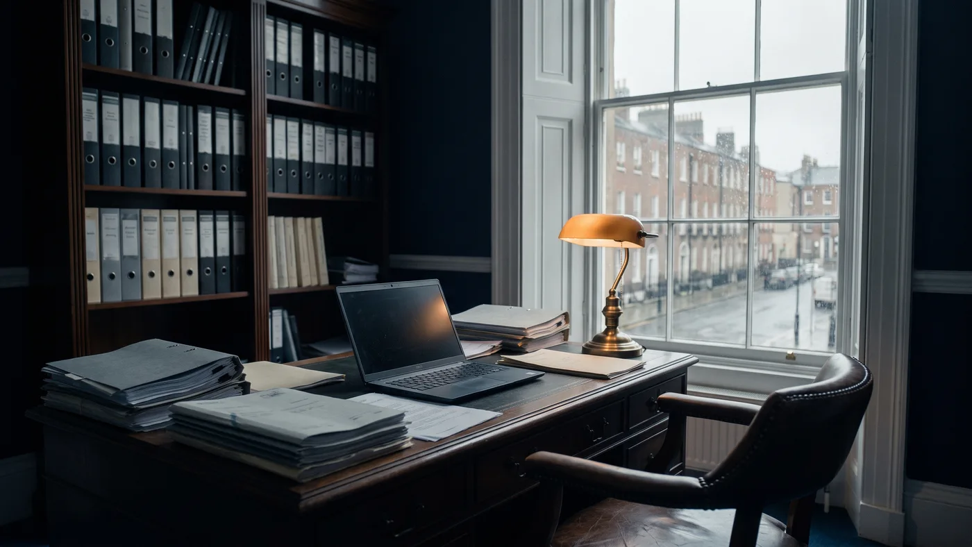Desk and case files in a UK professional services office