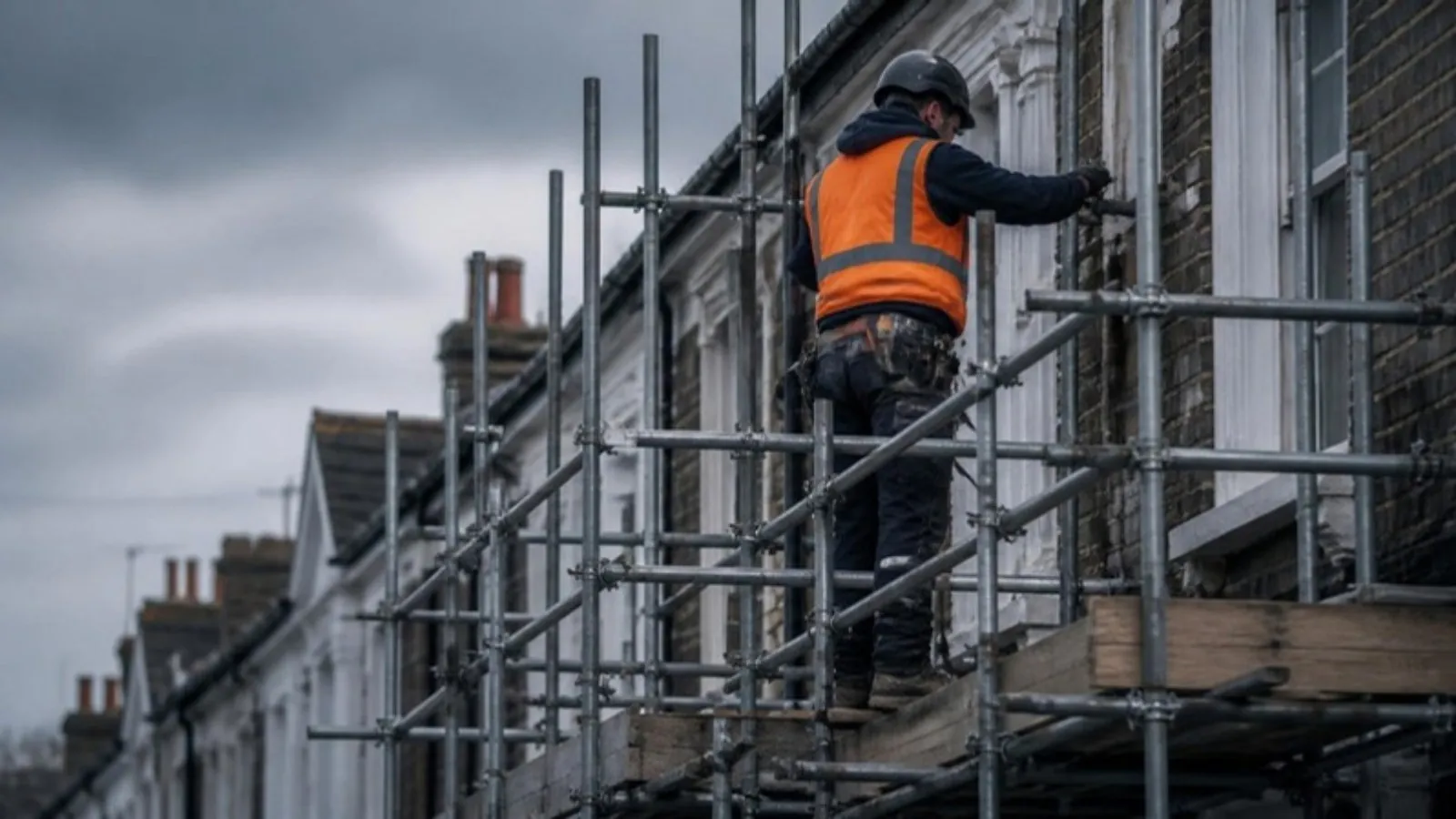 Scaffolding crew working on a UK terraced house