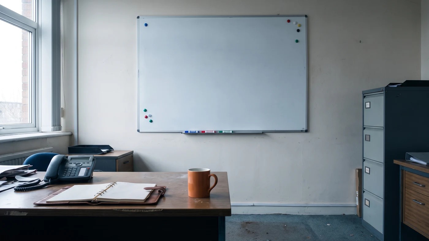 Job planner board and desk phone in a small trade office