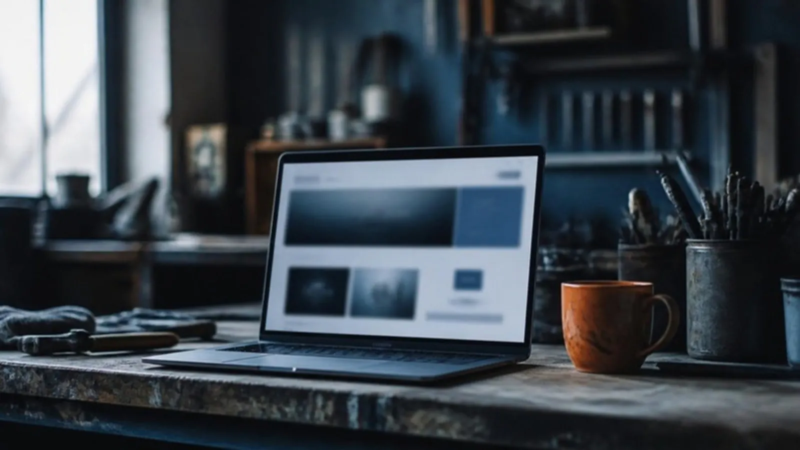 Laptop showing a website on a workshop bench