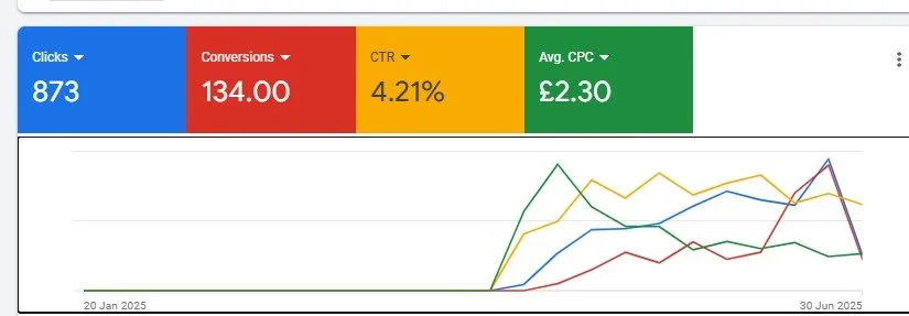 Meta Ads results showing 873 clicks and 134 conversions